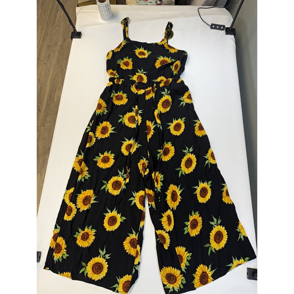 Liberty Love Women's L Black Yellow Green Sunflower Floral Wide-Leg Jumpsuit